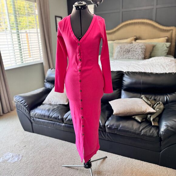 The Drop x vi_bogodist Hot Pink Front Cutout Ribbed Button Dress Women’s M NWT - Picture 3 of 7